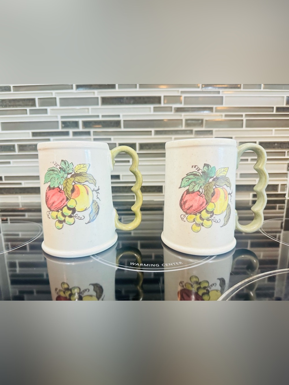 Vtg Merlot Poppytrail Provincial Fruit (Avocado) Stoneware Coffee Mugs (2)